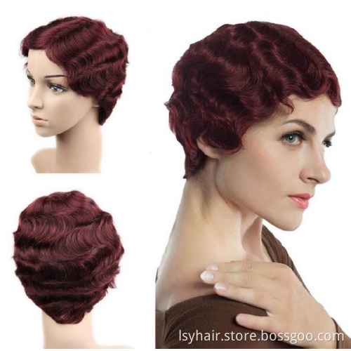 Short Pixie Cut Finger Wave Wig 100% Human Hair,  Non Lace Machine Made Pixie Wavy Short Human Hair Wigs For Black Women